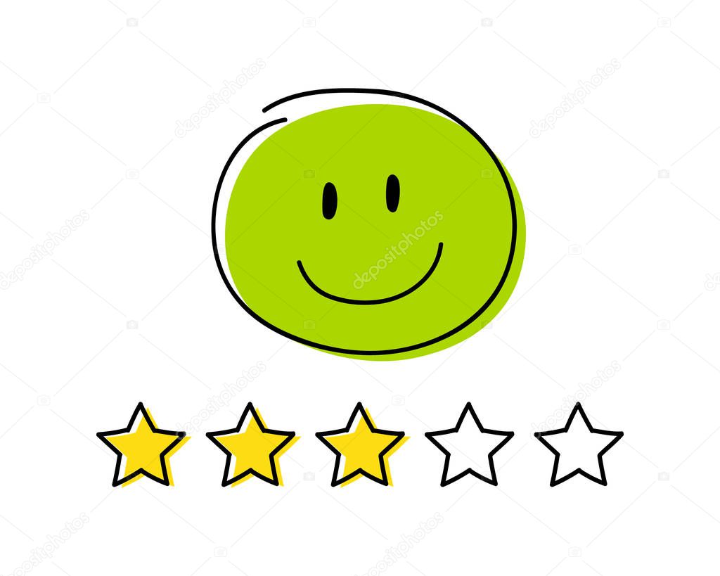Rating icon - three stars. Green coloured happy stickman. Vector.