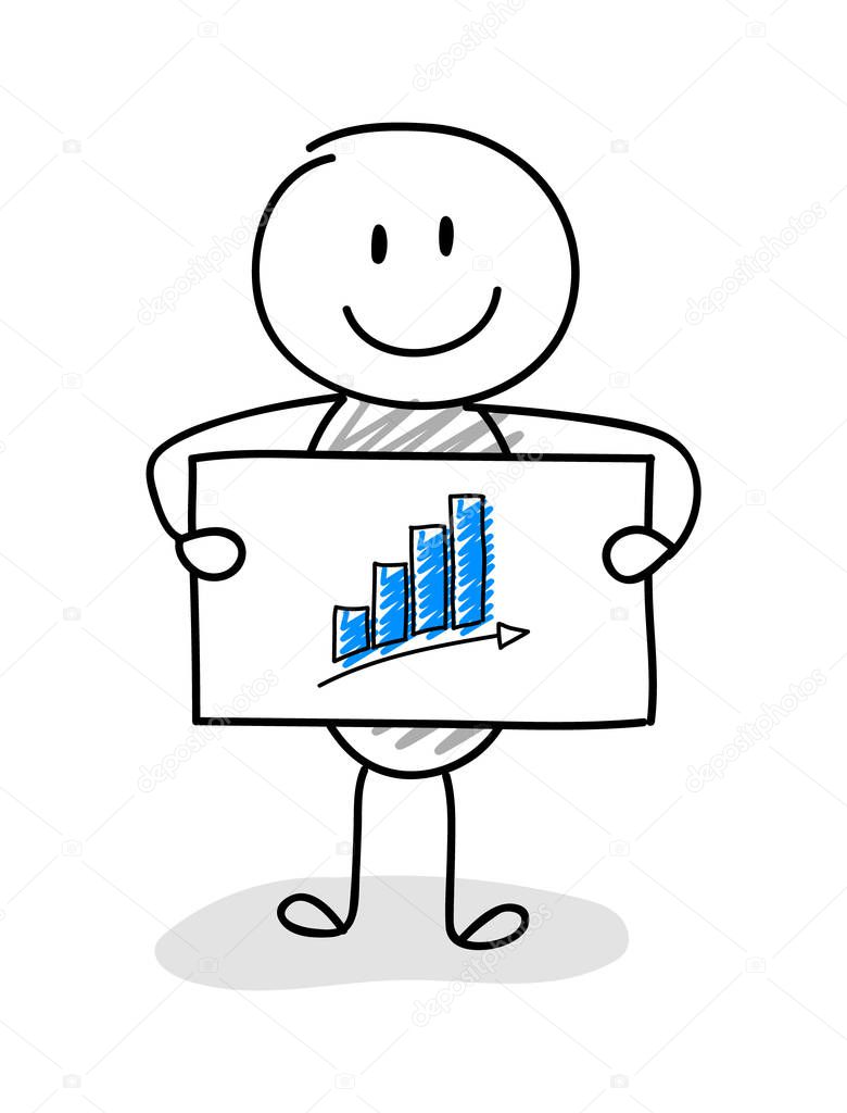 Funny stickman with graph (success) icon. Vector.