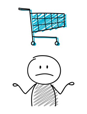 Alışveriş Sepeti simgesini şaşkın yüz ifadesi holiding ile çöp adam. Vektör.