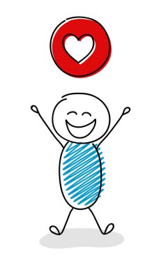 Kalp - aşk (sosyal medya) simgesi ile mutlu çöp adam. Vektör.