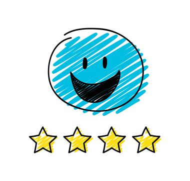 Bir daha gözden geçirme - dört yıldızlı rating. Mutlu mavi renkli çöp adam. Vektör.