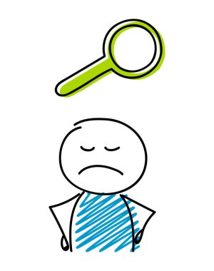 Büyüteç simgesiyle kızgın çöp adam. Vektör.