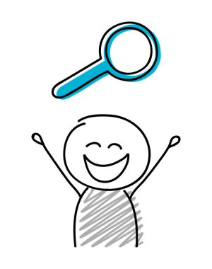 Mutlu yüz ifadesi holiding büyüteç (arama) simgesi olan çöp adam. Vektör.