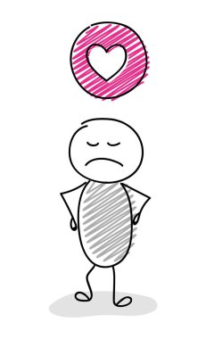 Çöp adam kalp (aşk) simgesi tutan karikatür. Vektör.