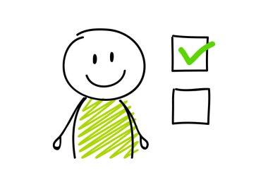 Onay kutuları ile çizgi film çöp adam. Vektör.