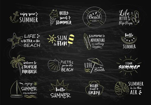 Ícones Verão Com Texto Quadro Negro Doodle Engraçado Vetor — Vetor de Stock