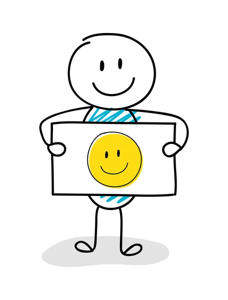 Smiley Stickman Segurando Placa Com Ícone Emoji Feliz Vetor — Vetor de Stock