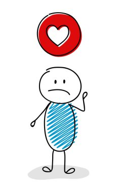 Kalp - aşk (sosyal medya) simgesi ile üzgün çöp adam. Vektör.