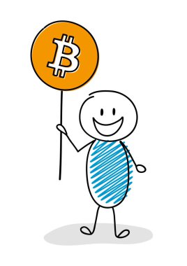 Mutlu stickmen balon bitcoin simgesi ile tutarak. Vektör.