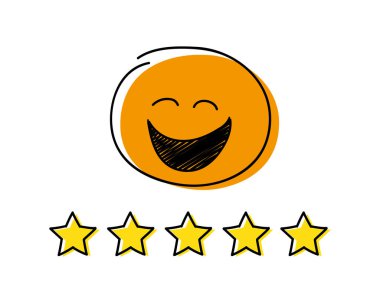 Derecelendirme Icon - beş yıldız. Turuncu renkli mutlu çöp adam. Vektör.