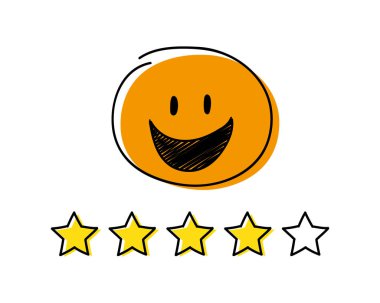 Derecelendirme Icon - dört yıldız. Turuncu renkli mutlu çöp adam. Vektör.