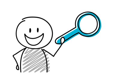 Mutlu yüz ifadesi holiding büyüteç (arama) simgesi olan çöp adam. Vektör.