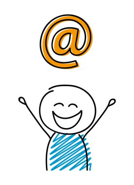 E-posta adresi simgesi ile mutlu çöp adam. Vektör.