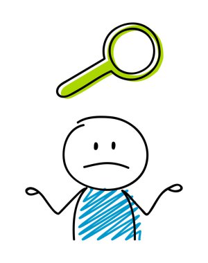 Büyüteç simgesiyle karışık çöp adam. Vektör.