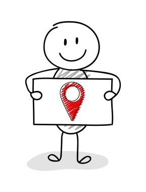 Coğrafi etiket (harita PIN) simgesiyle komik çöp adam. Vektör.