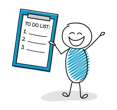 Yapılacaklar listesi mutlu çöp adam tutarak. Vektör.