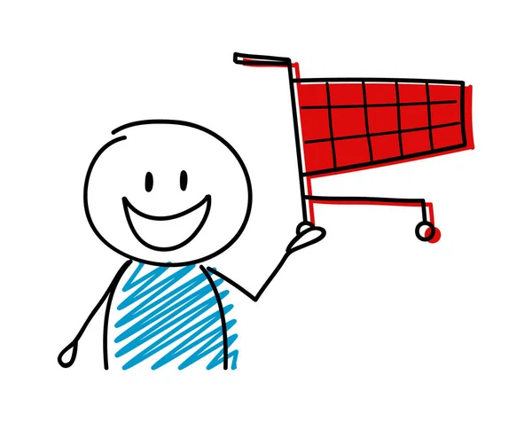 Shopping Cart Pictogram Met Gelukkig Stickman Vector — Stockvector