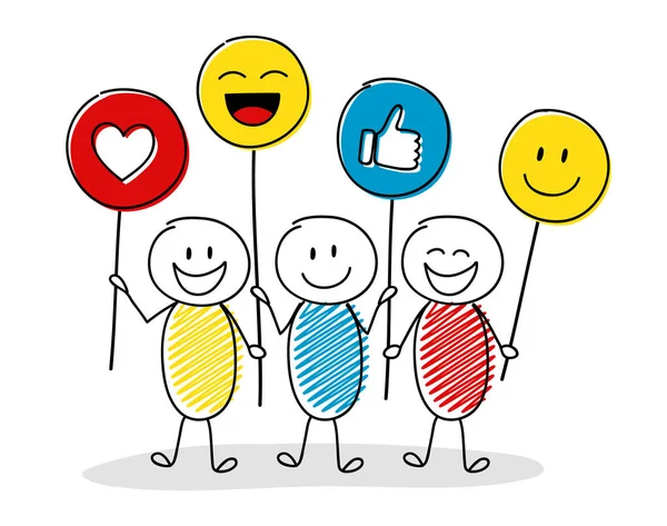 Grupo Feliz Pessoas Segurando Balões Com Ícones Mídia Social Vetor —  Vetores de Stock