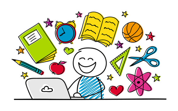 Школьная концепция с мультипликатором, работающим на ноутбуке. Вектор
.