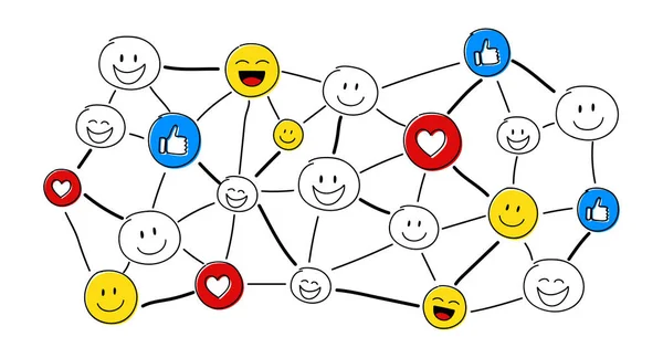 Lustiges Konzept Des Sozialen Netzwerks Mit Handgezeichneten Emojis Vektor — Stockvektor