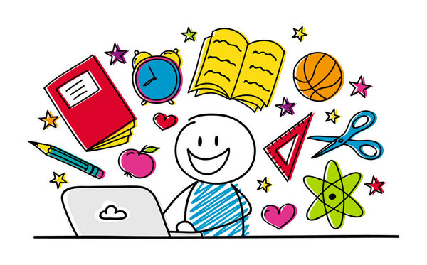 Счастливый школьник, работающий над концепцией ноутбука - школы. Вектор
.