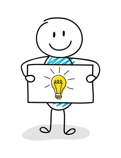 Smiley Stickman Holding Bord Met Pictogram Van Lamp Idee Symbool — Stockvector