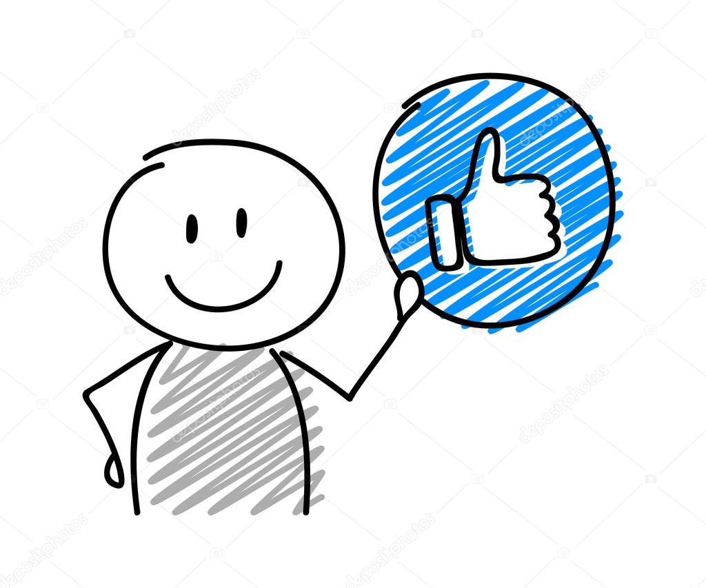 Stickman with smiley facial expression holiding thumb (social media) icon. Vector.