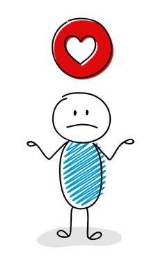 Kalp - aşk (sosyal medya) simgesi ile karışık çöp adam. Vektör.