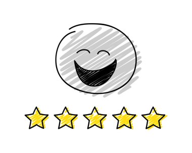 Bir daha gözden geçirme - 5 star rating. Mutlu gri renkli çöp adam. Vektör.