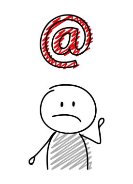 Üzgün yüz ifadesi holiding e-posta adresi simgesi ile çöp adam. Vektör.