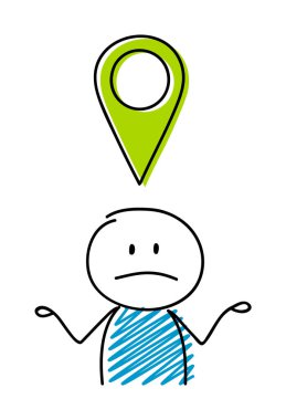 Harita PIN simgesi ile karışık çöp adam. Vektör.