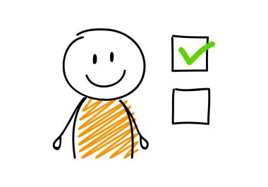 Yüz expession ve kene simgeleri ile komik çöp adam. Vektör.