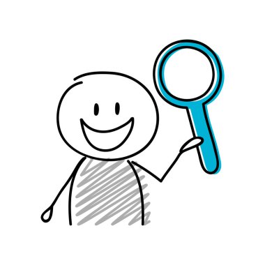 Mutlu yüz ifadesi holiding büyüteç (arama) simgesi olan çöp adam. Vektör.