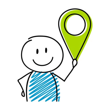 Harita PIN simgesi ile gülen çöp adam. Vektör.