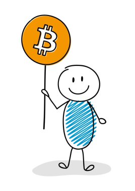 Bitcoin simgesi tutarak çöp adam. Vektör.