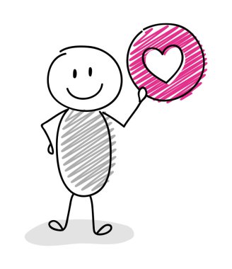 Çöp adam kalp (aşk) simgesi tutan karikatür. Vektör.