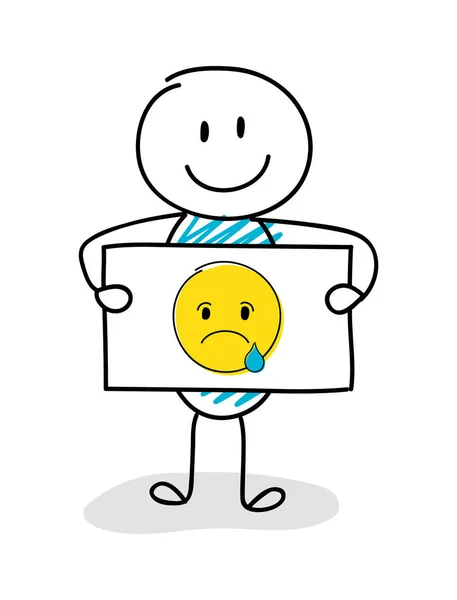 Smiley Stickman Segurando Bordo Com Ícone Emoji Chorando Vetor — Vetor de Stock