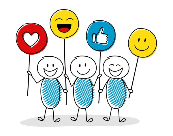 Orang Orang Kartun Tersenyum Memegang Balon Dengan Emoticon Vektor - Stok Vektor