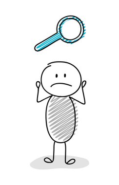 Büyüteç (arama) sembolü tutarak çöp adam karikatür. Vektör.