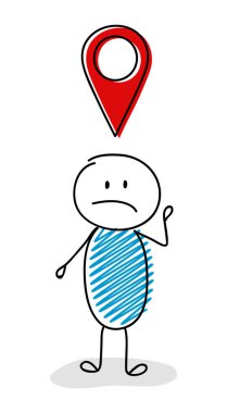 Coğrafi etiket (harita PIN) simgesi olan üzücü çöp adam. Vektör.