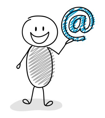 E-posta adresi simgesi tutarak çöp adam karikatür. Vektör.