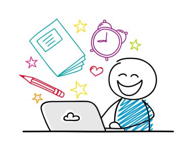 Laptop - okul kavramı çalışma mutlu çöp adam. Vektör.