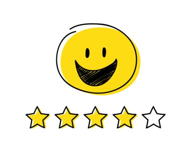 Derecelendirme Icon - dört yıldız. Sarı renkli mutlu çöp adam. Vektör.