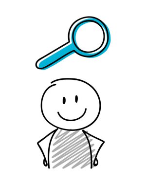 Gülen yüz ifadesi holiding büyüteç (arama) simgesi olan çöp adam. Vektör.