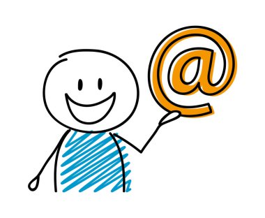 E-posta adresi simgesi ile mutlu çöp adam. Vektör.