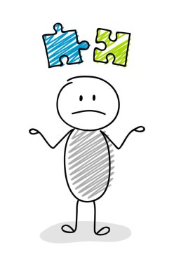 Çöp adam bulmaca (başarı kavramı) simgesi tutan karikatür. Vektör.