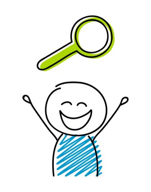 Büyüteç simgesiyle mutlu çöp adam. Vektör.