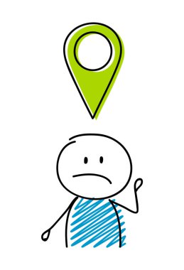 PIN simgesi üzgün çöp adam ile eşleyin. Vektör.