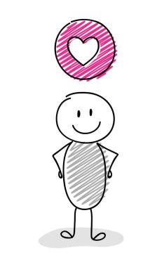 Çöp adam kalp (aşk) simgesi tutan karikatür. Vektör.