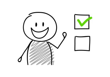 Onay kutusu simgesi ile komik karikatür çöp adam. Vektör.